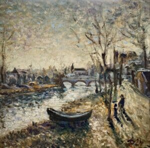 Ölskizze Impressionistisches Gemälde: Flussufer mit Boot, Spaziergängern und Brücke – inspiriert von Pissarro