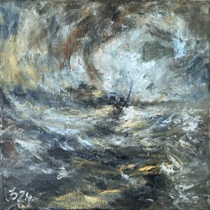 Ölskizze Reproduktion nach J. M. W. Turner – stürmisches Seestück mit Schiff im Schneesturm, Öl auf Leinwandkarton von Matthias Schneider-Dominco, 2024.