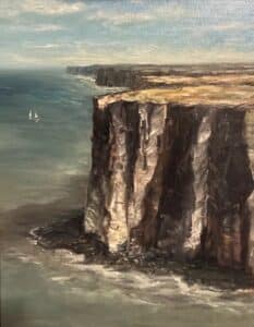 Ölbild Felsige Atlantikküste, dramatischen Küstenlandschaft mit steilen Klippen, Wellen und zwei Segelbooten auf ruhigem Meer von Matthias Schneider-Dominco