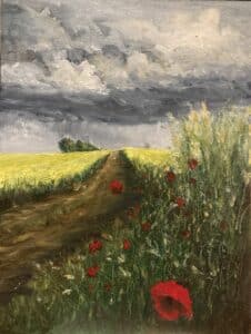 Ölgemälde mit Feldweg durch blühende Wiese, roten Mohnblumen und dunklem Gewitterhimmel von Matthias Schneider-Dominco.