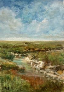 Ölgemälde einer weiten Marschlandschaft mit Bachlauf und großem Himmel bei Sahlenburg, von Matthias Schneider-Dominco, 2023