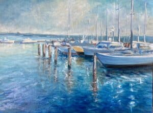 Ölgemälde des ruhigen Yachthafens in Eckernförde mit Segelbooten an Holzstegen bei leicht bewölktem Himmel von Matthias Schneider-Dominco, impressionistsich, 50x40 cm, Öl auf Leinwandkarton.