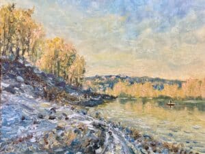 Reproduktion „Port-Marly, White Frost“ nach Alfred Sisley – Öl auf Leinwandkarton, 24×18 cm, 2023.