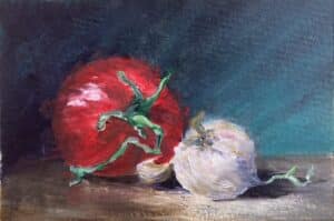 Stillleben mit Tomate und Knoblauch – handgemaltes Gemälde in impressionistischer Farbgebung
