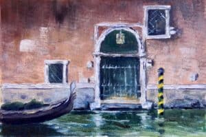 Reproduktion „Venedig I“ nach Gleb Goloubetski von Matthias Schneider-Dominco – Öl auf Leinwandkarton, 15×10,5 cm, 2022.
