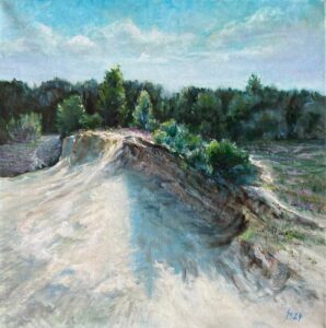 Ölgemälde einer sandigen Anhöhe mit Bäumen im Hintergrund, in sommerlichem Licht, von Matthias Schneider-Dominco, realistisch, 40x40 cm, Öl auf Leinwand, gerahmt.