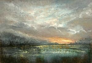 Gemälde mit Moor, Wasser und dramatischem Himmel – handgemalte Landschaft mit Licht und Tiefe.
