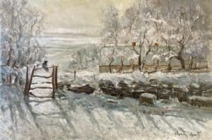 Winterliches Gemälde mit Elster auf Tor – inspiriert von Claude Monets berühmtem Motiv, impressionistisch, 30x20 cm, Öl auf Leinwandkarton.