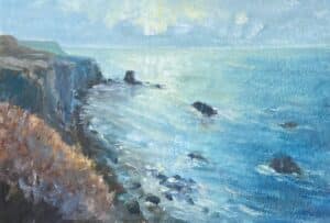 Impressionistisches Gemälde einer Felsenküste mit Meerblick – inspiriert von Claude Monets Seestücken