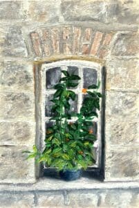 Fenster in Altweende mit grüner Topfpflanze in Steinmauer, Öl auf Ölpapier von Matthias Schneider-Dominco