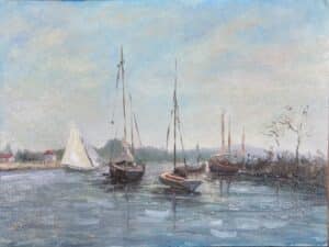 „Reproduktion von Claude Monets ‚Freizeitboote bei Argenteuil – impressionistisches Gemälde mit Segelbooten auf ruhigem Wasser, sanfte Farben und atmosphärische Uferlandschaft von Matthias Schneider-Dominco