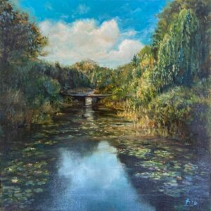 Ölbild eines Fleets bei Bremen von Matthias Schneider-Dominco, impressionistisch, 40x40 cm, Öl auf Leinwand, gerahmt.