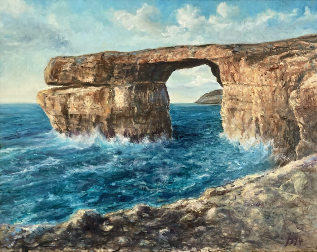 Ölbild „Gozo – Azur Window 2025“ von Matthias Schneider-Dominco – Felsformation, Meer, realistische Landschaft mit impressionistischen Elementen, Öl auf Leinwand.