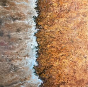 Ölgemälde Welle am Strand Ramla Bay auf Gozo von Matthias Schneider-Dominco, semi-abstrakt, 40x40 cm, Öl auf Leinwand, gerahmt.