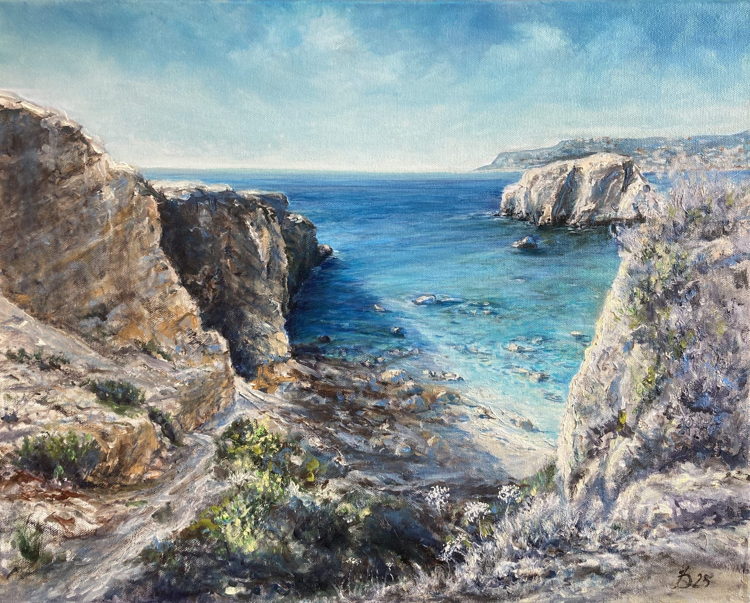 Ölgemälde Zwischen Fels und Flut, Gozo, mit felsigen Klippen, grünem Gelände und einem Pfad zur kleinen Bucht von Matthias Schneider-Dominco, REalismus, 50x40 cm, Öl auf Leinwand.