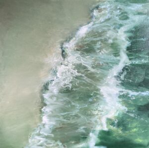 Ölgemälde Welle I am Strand Ramla Bay auf Gozo von Matthias Schneider-Dominco, tonalistisch, 40x40 cm, Öl auf Leinwand, gerahmt.