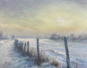 Winterliches Gemälde mit Zaun, Schneefeld und Sonnenlicht – handgemalte Landschaft in ruhigen Farben