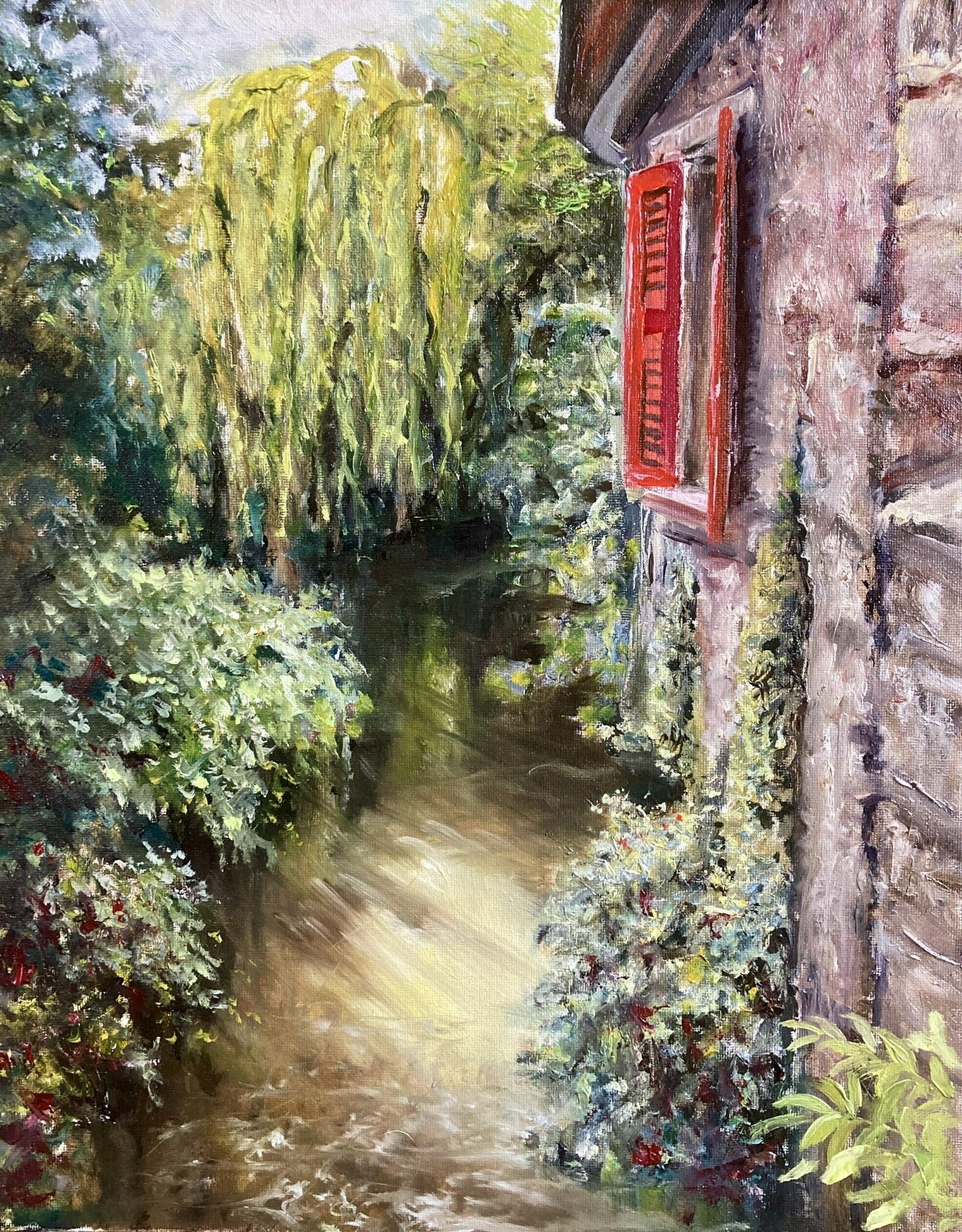 Ölgemälde des Bismarckhäuschens am Göttinger Stadtwall mit Leinekanal von Matthias Schneider-Dominco, impressionistisch, 24x30 cm, Öl auf Leinwandkarton.