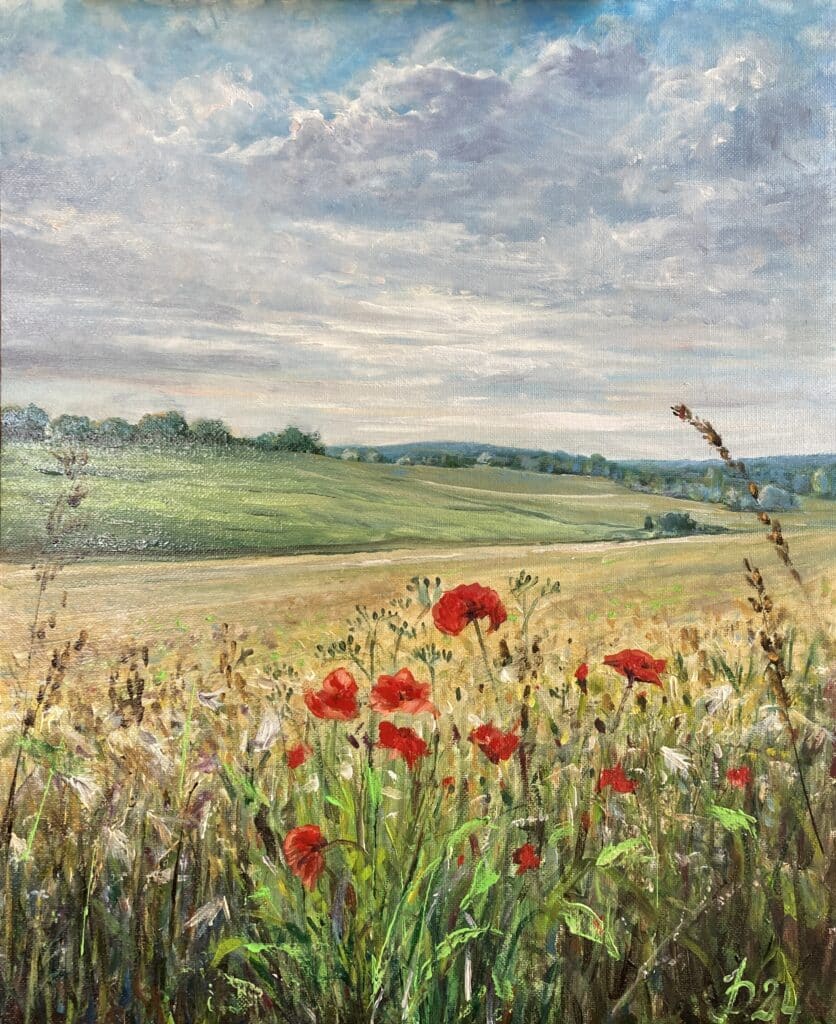 Ölgemälde einer sommerlichen Landschaft bei Roringen mit roten Mohnblumen im Vordergrund, sanften Hügeln und weitem Himmel.