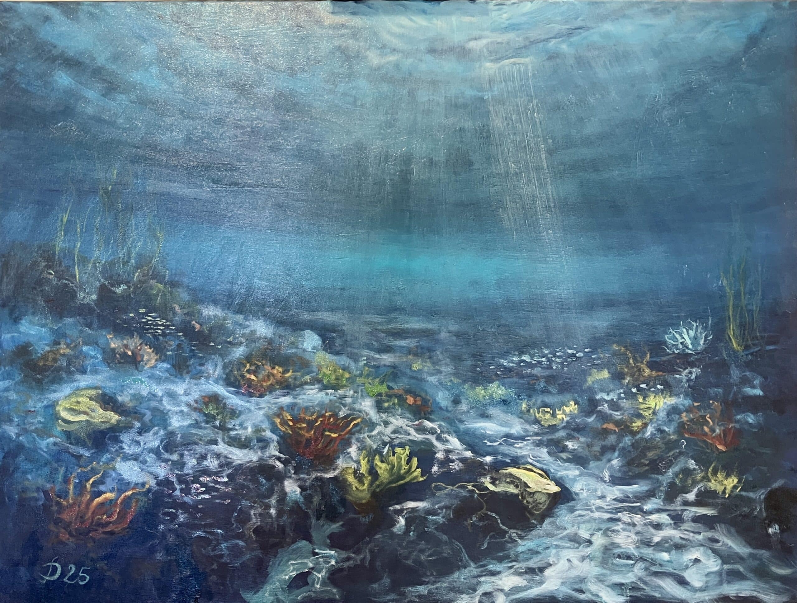 Unterwasserlandschaft mit fließendem Licht, Strömungen und farbigen Korallenformen, gemalt in Öl auf Leinwand, abstrakt-naturalistische Meeresdarstellung.