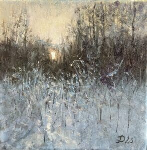 Winterabend, stimmungsvolle Landschaft im Abendlicht, Öl auf Leinwand von Matthias Schneider-Dominco