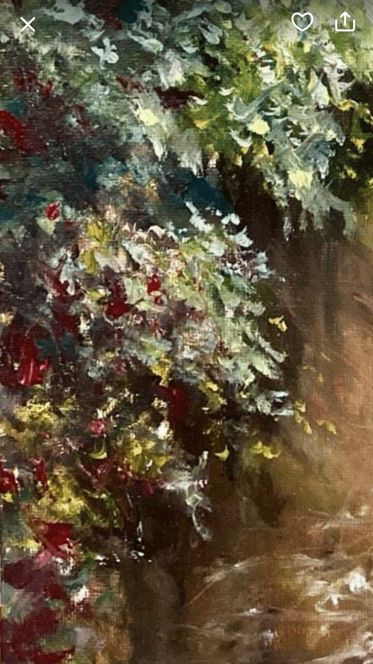 Detailausschnitt aus dem Gemälde „Göttingen am Wall“ mit dichter Vegetation, schmalem Wasserlauf und Hauswand mit rotem Fensterladen, Öl auf Leinwand