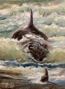 Unheilvolle Begegnung zwischen einem Orca und einem Seelöwen im flachen Wasser, bewegte See, Öl auf Leinwand, 30 x 24 cm.