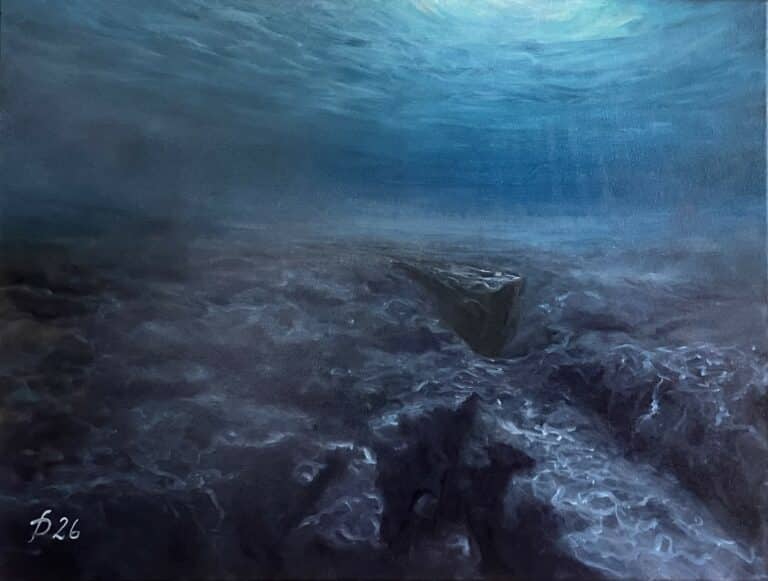 Abstraktes Unterwasser‑Gemälde mit tiefem Ozeangraben, leuchtenden Blau‑ und Türkistönen sowie dunklen, strukturierten Meeresformationen, norddeutsche Landschaftsmalerei, maritime Kunst, Norddeutscher Realismus, Landschaftsmalerei moderne, Natur, Kunst aus dem Norden.