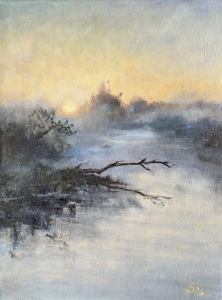 Atmosphärisches Ölgemälde eines Flussufers im Morgennebel mit sanftem Sonnenlicht, spiegelndem Wasser und ruhiger Landschaft.