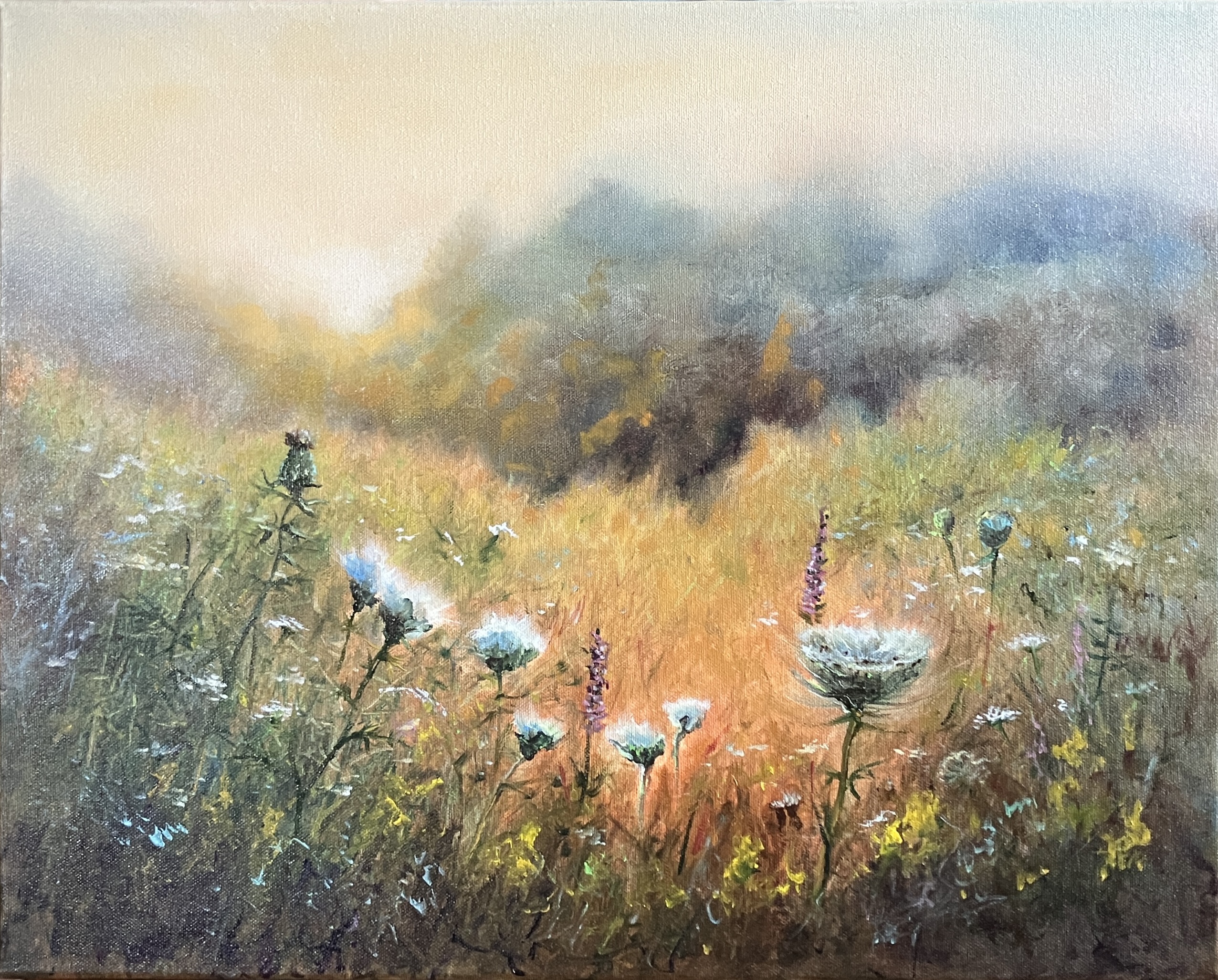 Impressionistisches Ölgemälde einer sommerlichen Wildblumenwiese im weichen Morgenlicht mit Disteln, wilder Möhre, Labkraut und sanftem Nebel im Hintergrund.