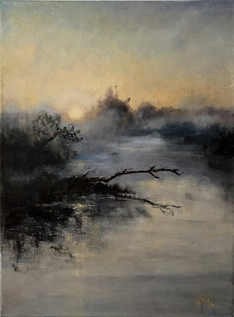 Atmosphärisches Ölgemälde eines Flussufers im Morgennebel mit sanftem Sonnenlicht, spiegelndem Wasser und ruhiger Landschaft.