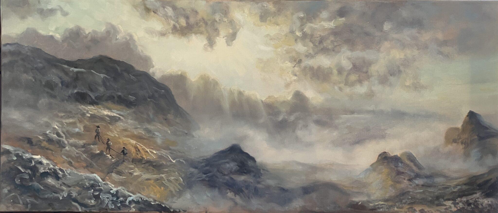 Ölgemälde einer nebligen Berglandschaft am Triglav mit Wanderern, Felsen und durchbrechendem Licht